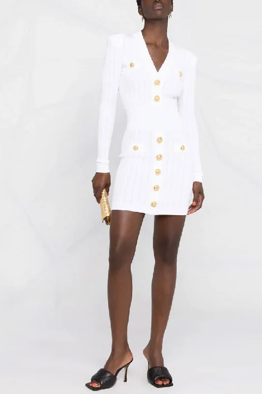 Street Fashion OL Button Trim Long Sleeve Winter Ribbed Sweater Mini Dress - White