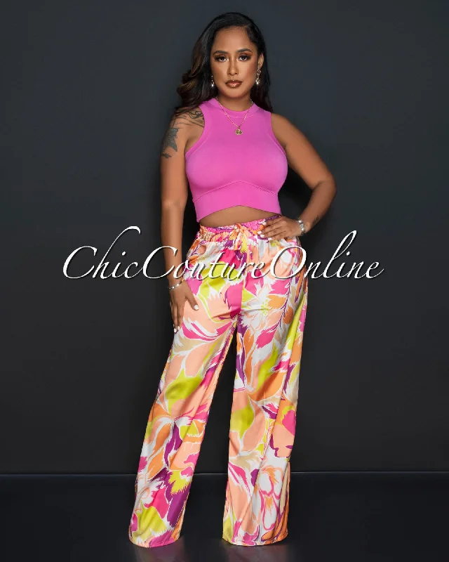 Stylish Comfort Panny Orange Pink Print Wide Silky Pants
