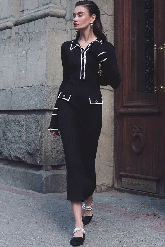Cozy Fit Preppy Chic Contrast Collar Button Up Long Sleeve Ribbed Knit Sweater Midi Dress - Black