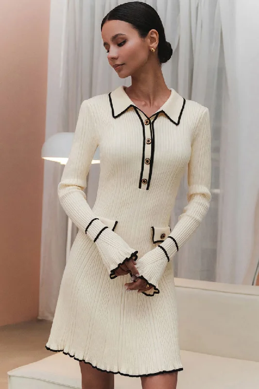 Free Design Preppy Chic Contrast Collar Button Up Long Sleeve Ribbed Knit Sweater Mini Dress - Beige