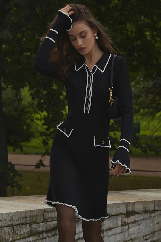 Cool Style Preppy Chic Contrast Collar Button Up Long Sleeve Ribbed Knit Sweater Mini Dress - Black