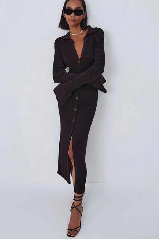 Personal Design Ribbed Long Sleeve Button Down Winter Sweater Maxi Dress - Chocolate