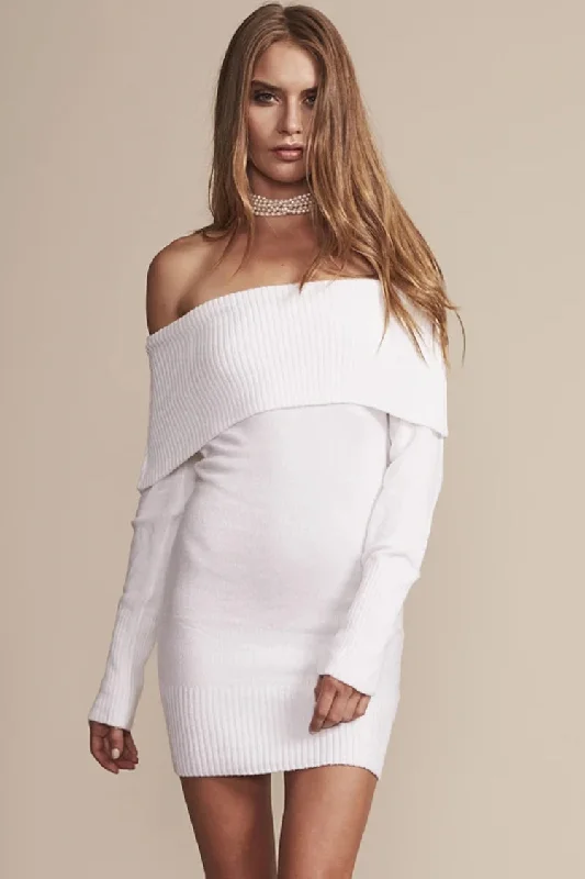 Simple Style Ribbed Long Sleeve Draped Off Shoulder Mini Sweater Dress - White