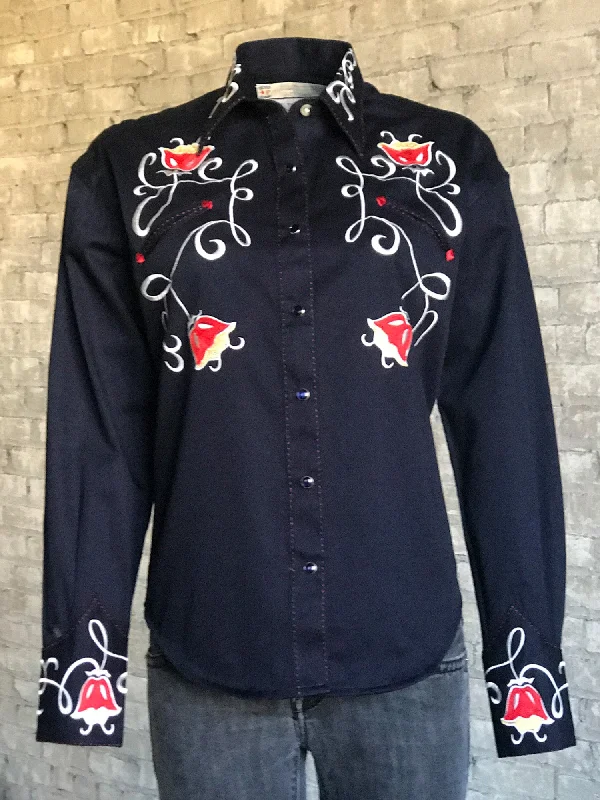 Fresh And Simple Rockmount Womens Navy 100% Cotton Art Deco Tulip Western L/S Shirt Fresh And Simple Rockmount Womens Navy 100% Cotton Art Deco Tulip Western L/S Shirt