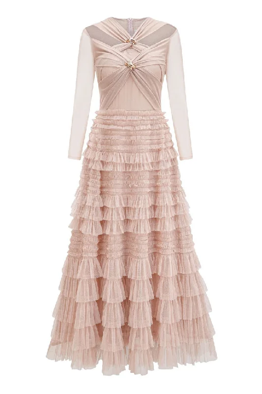 Cozy Shirts Romantic Metal Cross Cutout Fit & Flare Ruffle Tiered Tulle Formal Maxi Dress