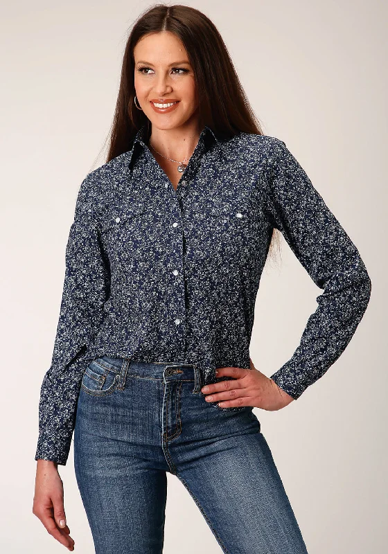 Elegant Temperament Roper Womens 1498 Floral Navy/White Cotton Blend L/S Shirt