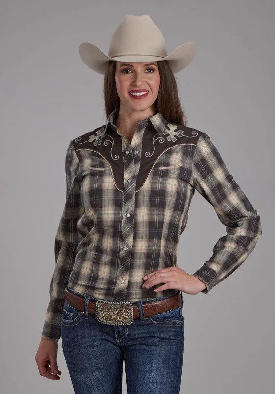 Comfortable And Casual Roper Womens 2108 Plaid Grey/Tan Cotton Blend L/S Shirt
