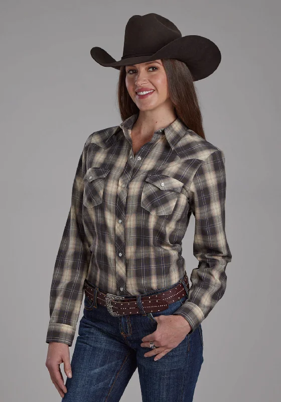 Cool Style Roper Womens 2108 Plaid Grey/Tan Cotton Blend L/S Shirt