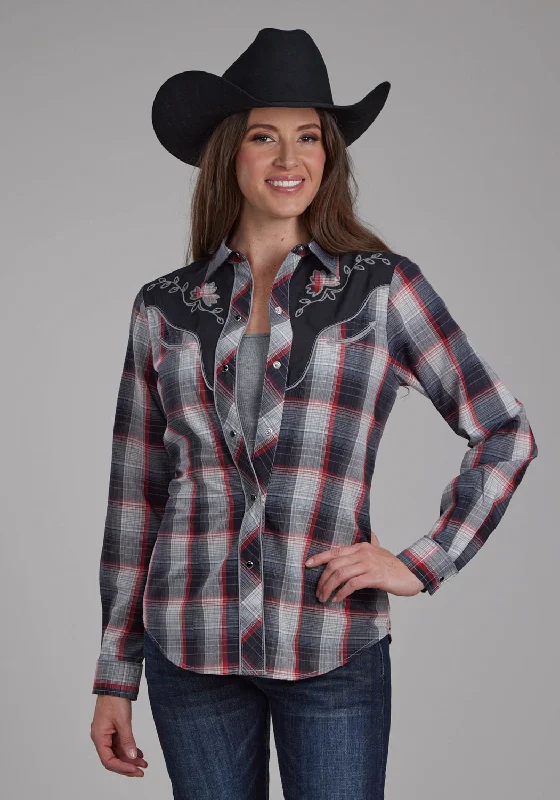 Minimal Classic Roper Womens 2109 Plaid Black/Red Cotton Blend Leaf L/S Shirt