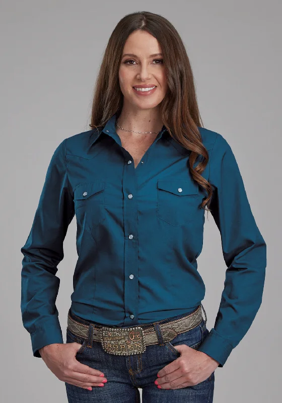 Avant-garde Design Roper Womens 2124 Broadcloth Blue Steel Cotton Blend L/S Shirt