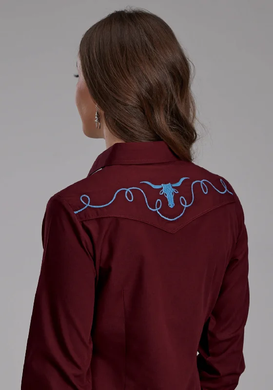 Personalized Wear Roper Womens 2124 Broadcloth Longhorn Wine Cotton Blend L/S Shirt
