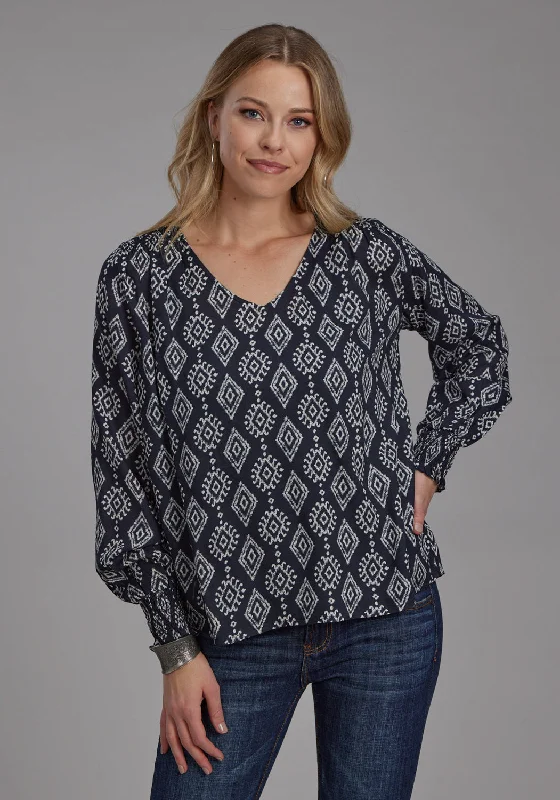 Body Design Roper Womens 2133 Ikat Black 100% Rayon V-Neck L/S Blouse