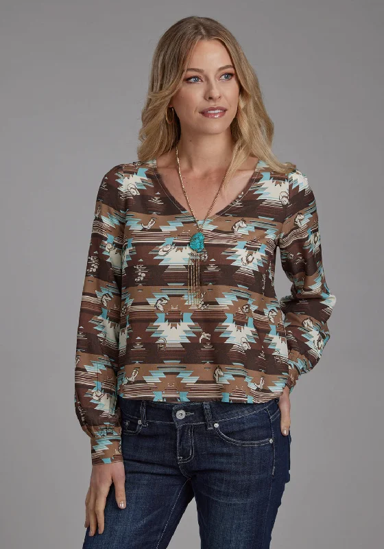 Romantic Temperament Roper Womens 2201 Icon Aztec Brown Multi 100% Rayon V-neck L/S Blouse
