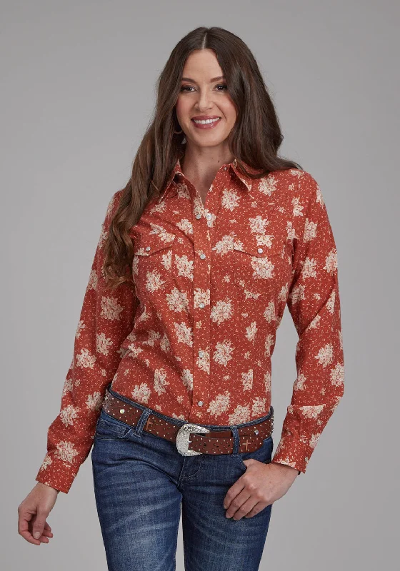 Fashionable Items Roper Womens 2282 Floral Orange/Cream Cotton Blend L/S Shirt