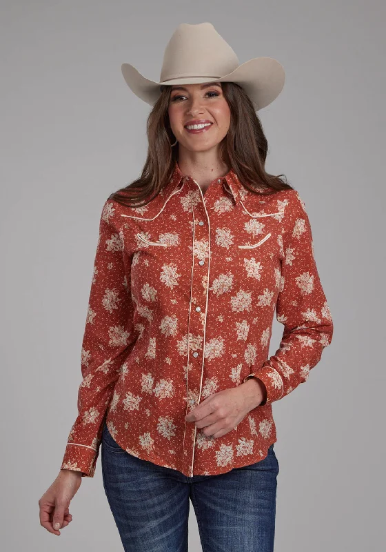 Unique Prints Roper Womens 2282 Floral Orange/Cream Cotton Blend Retro L/S Shirt