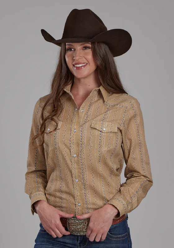 Simple Matching Roper Womens 2283 Wallpaper Tan/Navy Cotton Blend L/S Shirt