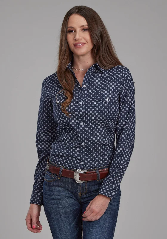 Fashion Design Roper Womens 2284 Squares Navy/White Cotton Blend L/S Shirt