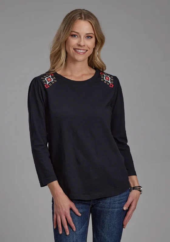 Floral Prints Roper Womens Angled Embroidered Black 100% Cotton L/S Tunic