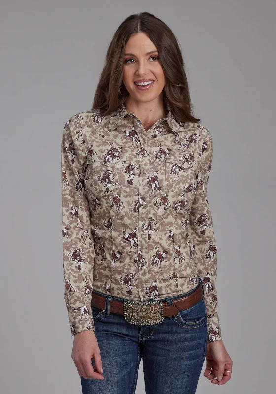 American Style Roper Womens Brushstroke Cowboys Brown 100% Cotton L/S Shirt