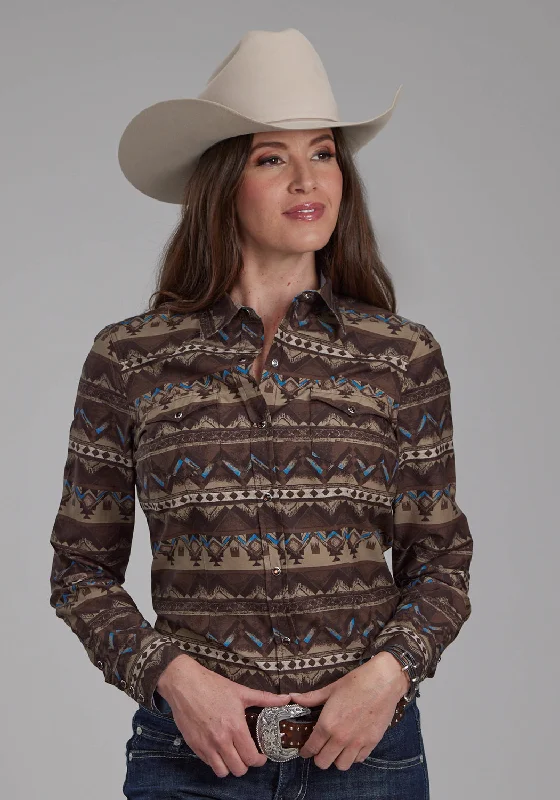 Basic Version Roper Womens Distressed Aztec Brown 100% Cotton L/S Shirt