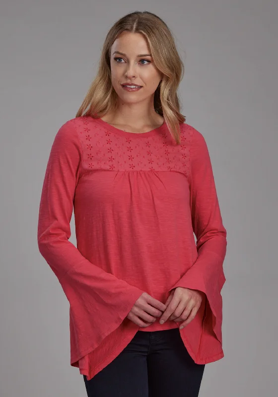 French Style Roper Womens Eyelet Front Yoke Red 100% Cotton L/S Blouse
