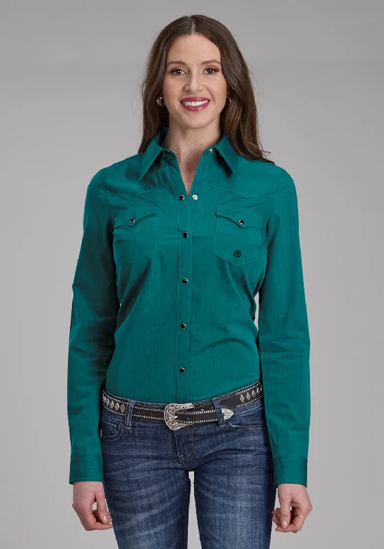 French Style Roper Womens Fill Solid Poplin Teal 100% Cotton L/S Shirt