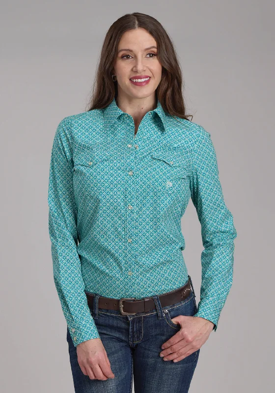 Short Design Roper Womens Four Point Foulard Turquoise Cotton Blend L/S Shirt