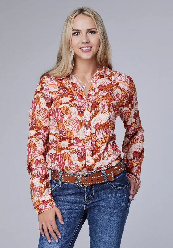 Noble And Elegant Roper Womens Groovy Cacti Pink 100% Rayon L/S Blouse