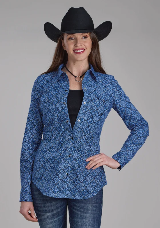 Classic And Versatile Roper Womens Sapphire Ornamental Blue 100% Cotton L/S Shirt