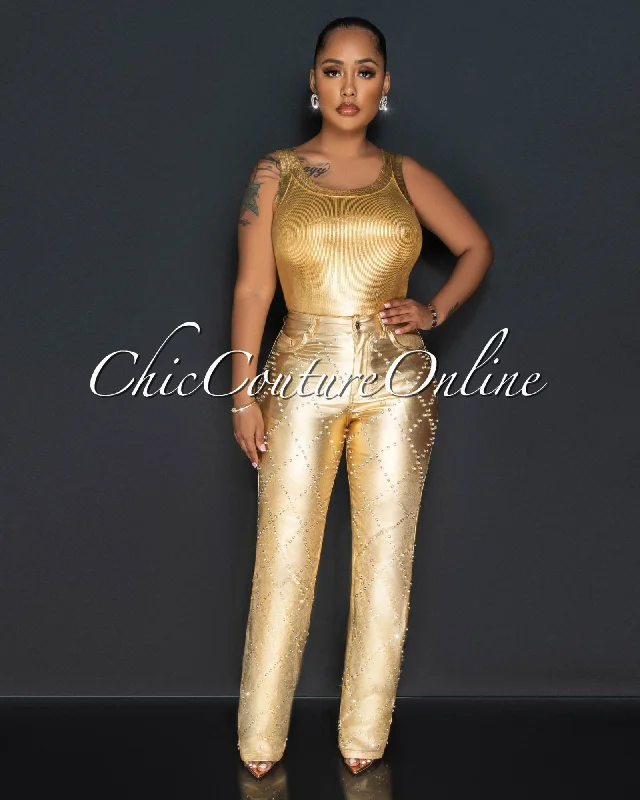 Luxury Customization Ruth Gold Rhinestones Lattice Pattern Wide Legs Jeans