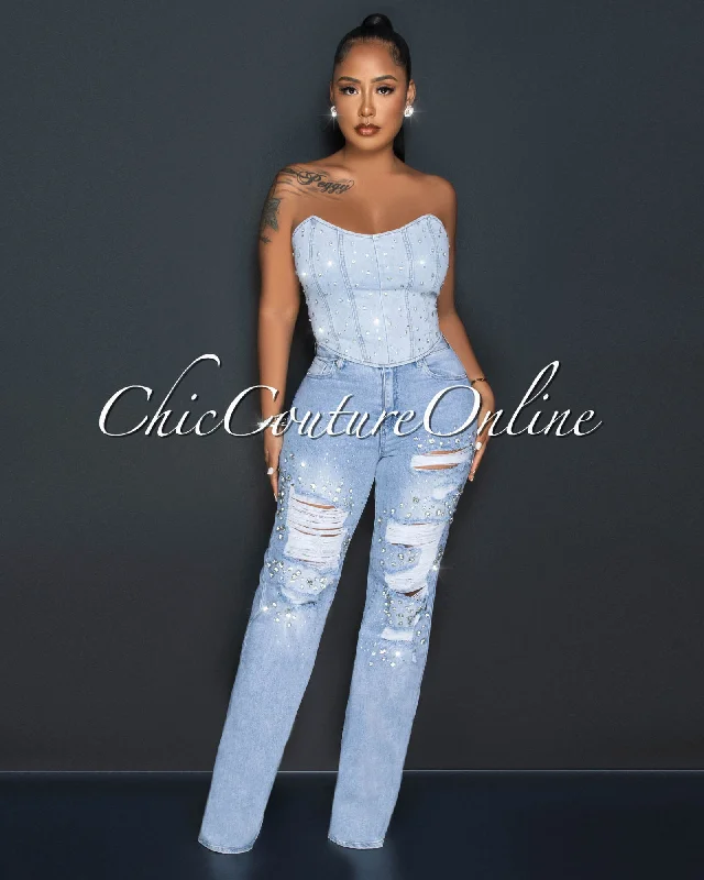 New Design Salina Light Denim Rhinestones Distressed Jeans