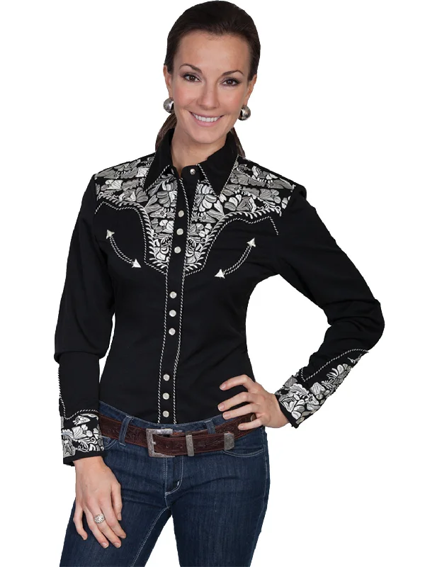 European And American Style Scully Western Womens Silver Polyester L/S Floral Stitch Western Shirt L European And American Style Scully Western Womens Silver Polyester L/S Floral Stitch Western Shirt L