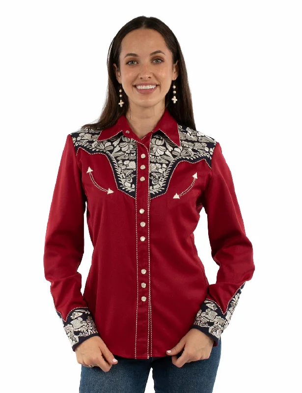 Double-sided Wear Scully Womens Floral Yoke Embroidery Red/White/Blue Poly/Rayon L/S Shirt S Double-sided Wear Scully Womens Floral Yoke Embroidery Red/White/Blue Poly/Rayon L/S Shirt S