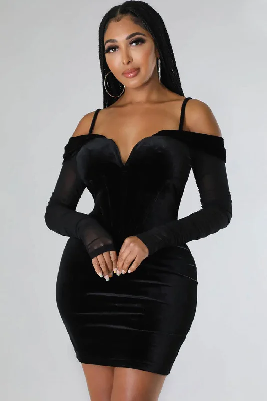 Warm Wear Sexy Deep V Sheer Sleeve Velvet Bodycon Corset Party Mini Dress - Black
