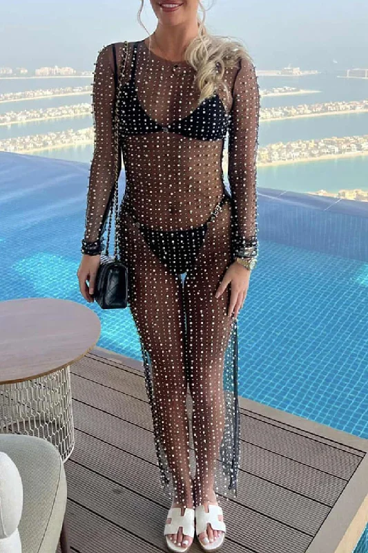 Casual Choice Sexy Round Neck Long Sleeve Faux Pearl Split Sheer Mesh Maxi Dress - Black