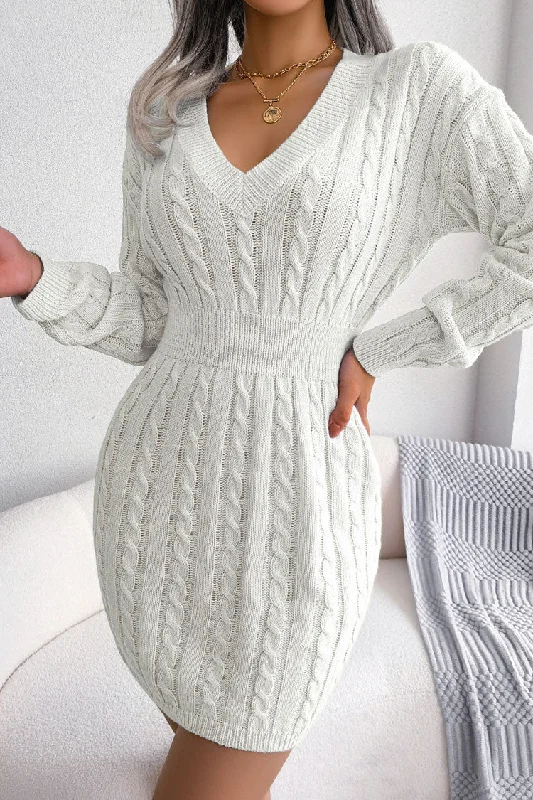 Smart Casuals Sexy V Neck Winter Fisherman Cable Knit Sweater Mini Dress - White
