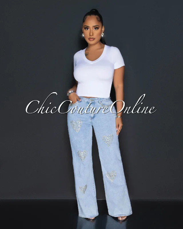 Youthful Style Shaila Light Denim Rhinestones Hearts Wide Legs Jeans