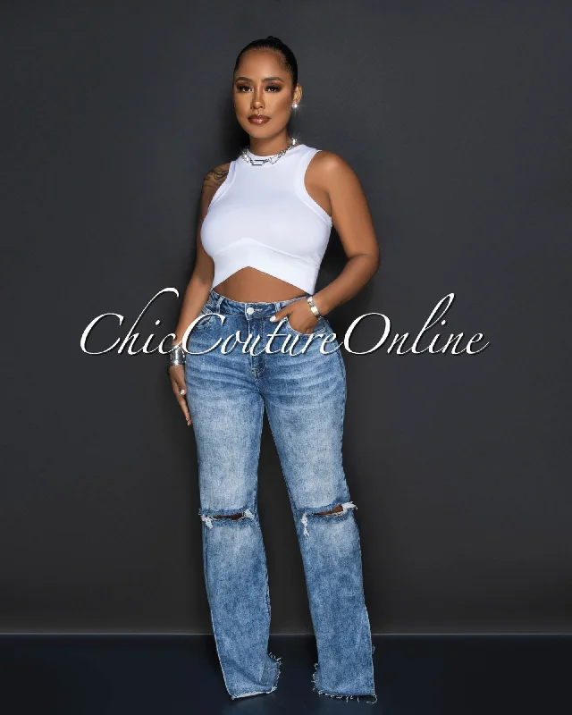Elegant Comfort Siara Blue Washed Ripped Knees Jeans