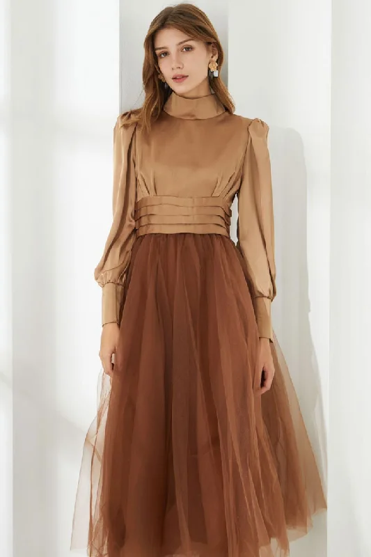 Classic Choice Silky Satin High Neck Long Sleeve High Waist Tulle Cocktail Midi Dress - Khaki