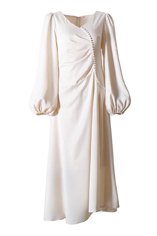 Everyday Style Silky Satin V Neck Beaded Trim Bishop Sleeve Pleated Cocktail Midi Dress