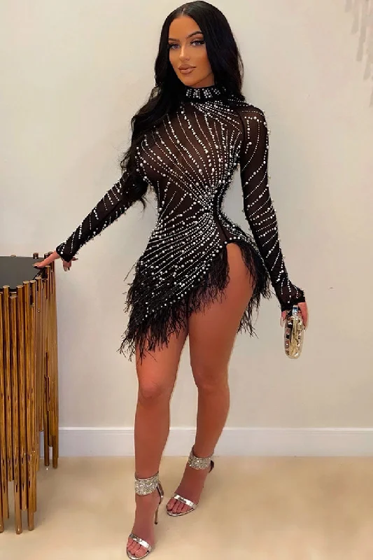 Fashion Touch Sparkly Crystal High Neck Sheer Mesh Bodycon Feather Party Mini Dress - Black