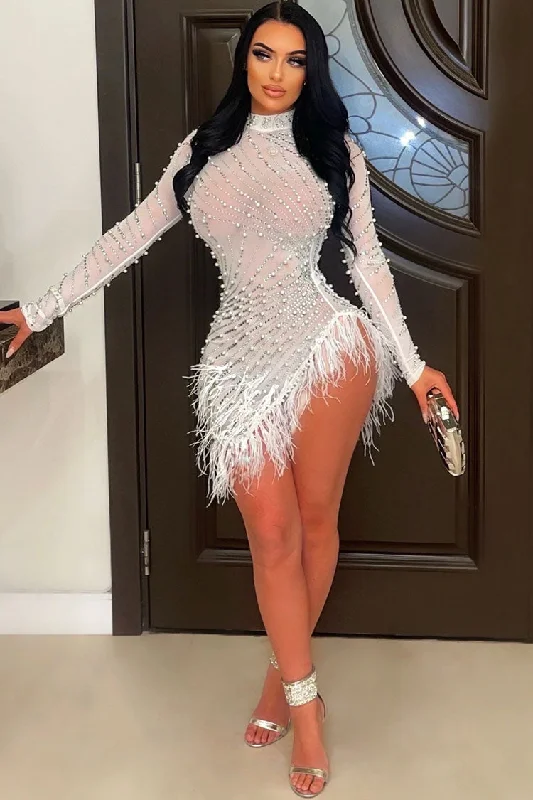 Soft Touch Sparkly Crystal High Neck Sheer Mesh Bodycon Feather Party Mini Dress - White