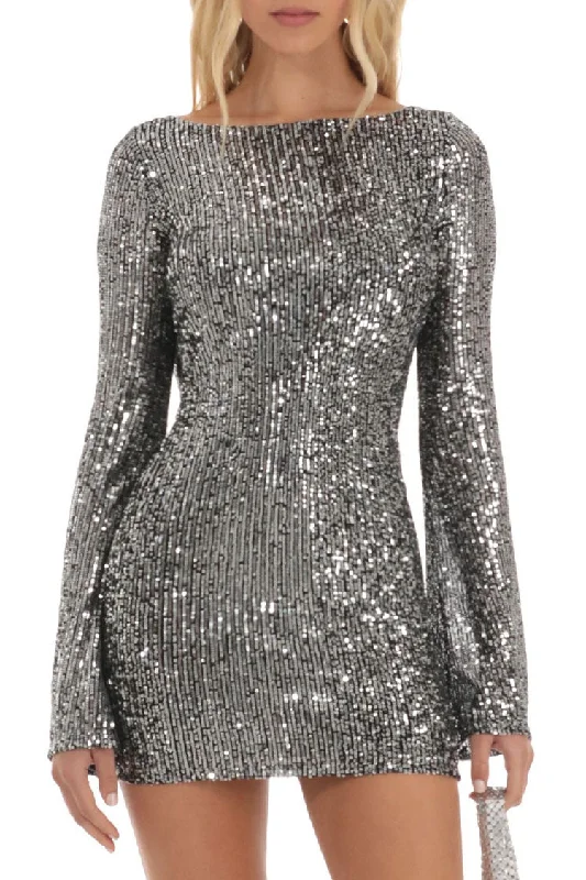 Smart Comfort Sparkly Draped Backless Bell Sleeve Bodycon Sequin Party Mini Dress - Gray