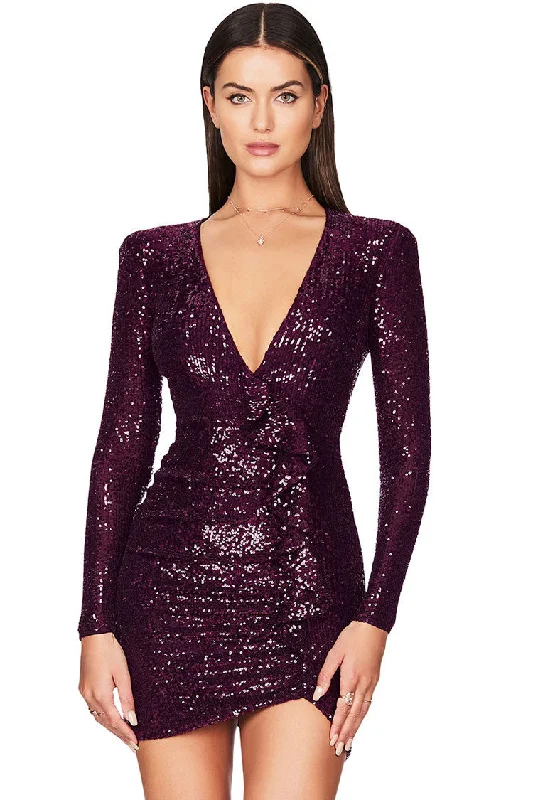 Cozy Vibes Sparkly Galaxy Long Sleeve Ruffle Deep V Sequin Mini Dress - Burgundy