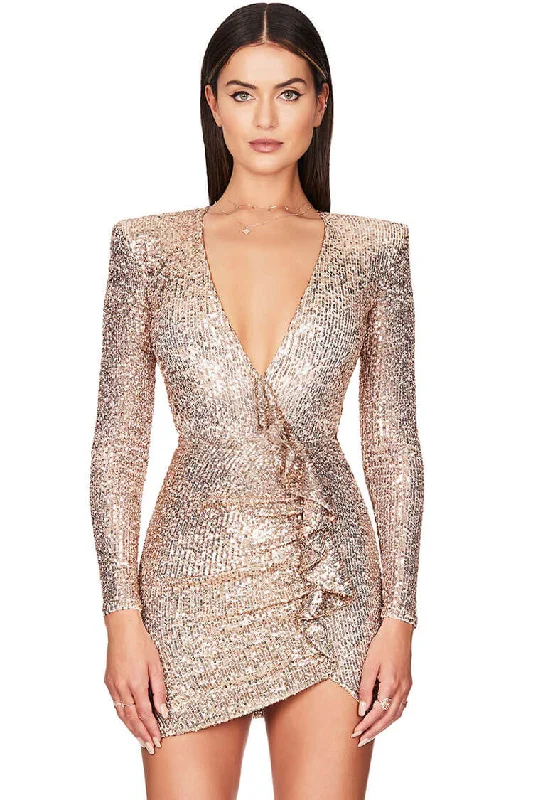 Exquisite Tailoring Sparkly Galaxy Long Sleeve Ruffle Deep V Sequin Mini Dress - Champagne