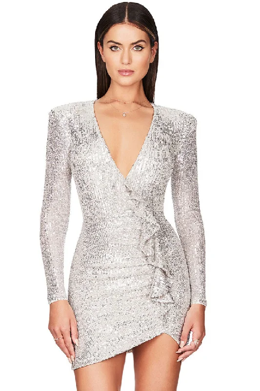 Elegant Comfort Sparkly Galaxy Long Sleeve Ruffle Deep V Sequin Mini Dress - Silver