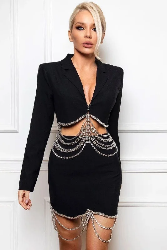 Basic Comfort Sparkly Layered Rhinestone Crop Blazer Two Piece Mini Dress - Black