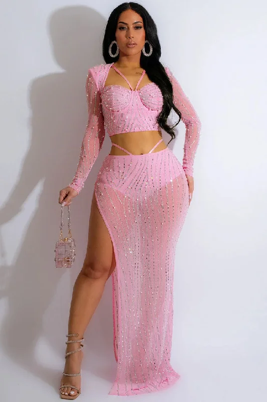 Everyday Comfort Sparkly Rhinestone Long Sleeve Crop Top High Waist Two Piece Maxi Dress - Pink