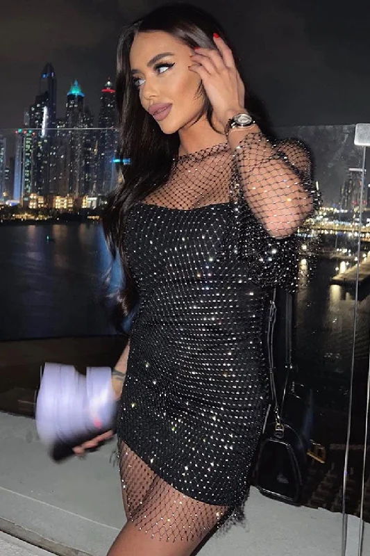 Simple Design Sparkly Rhinestone Long Sleeve Fishnet Sheer Club Mini Dress - Black