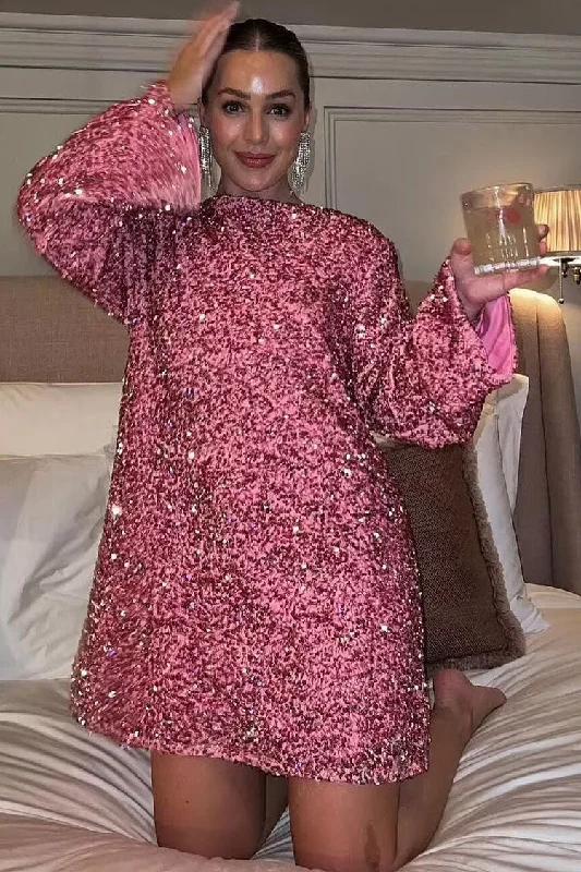 Cozy Outerwear Sparkly Sequin Bow Tie Long Sleeve Oversized Velvet Party Mini Dress - Hot Pink
